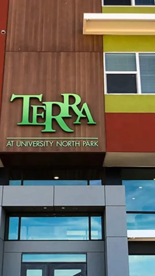 the front of a building with the word terra on it at The Terra at University North Park