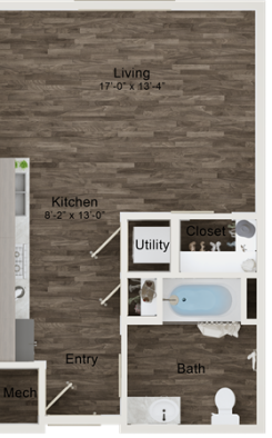 floor plan image of the one bedroom apartment at The Terra at University North Park