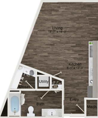 floor plan image of the one bedroom apartment at The Terra at University North Park