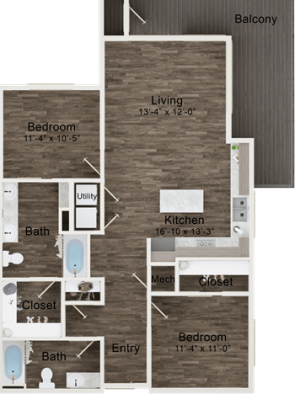 the floor plan for a two bedroom apartment at The Terra at University North Park
