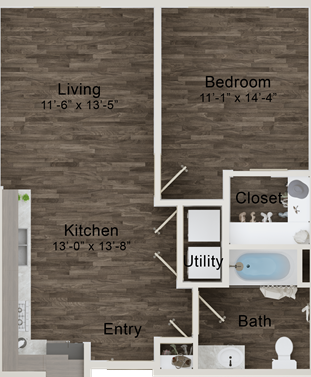 floor plan image of the one bedroom apartment at The Terra at University North Park