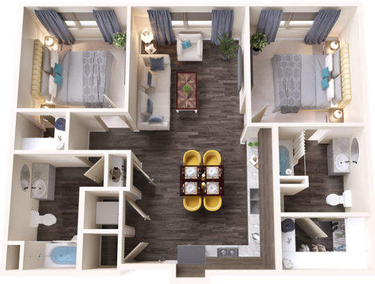 a 3d rendering of a two bedroom apartment at The Terra at University North Park