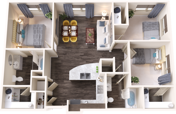 a 3d rendering of a two bedroom apartment at The Terra at University North Park