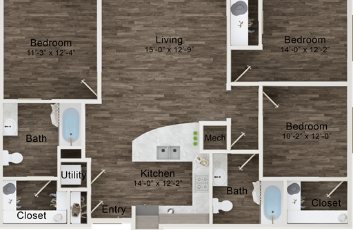 floor plan image of the two bedroom, two bathroom floor plan at The Terra at University North Park