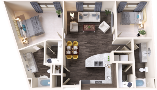 a 3d rendering of a two bedroom apartment at The Terra at University North Park