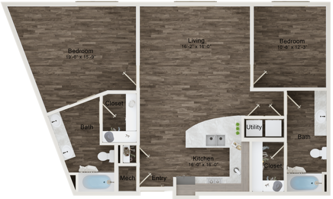 the floor plan for a two bedroom apartment at The Terra at University North Park